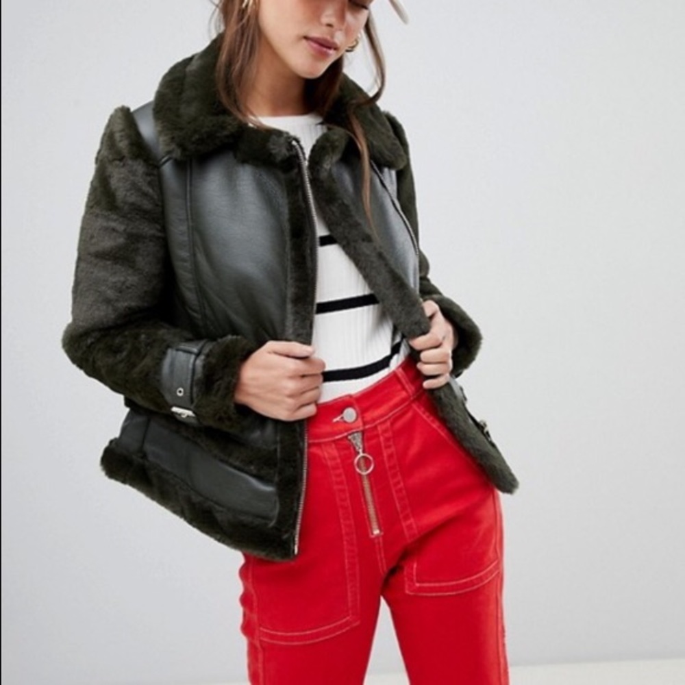 River Island Faux Fur Aviator Jacket in Dark Green